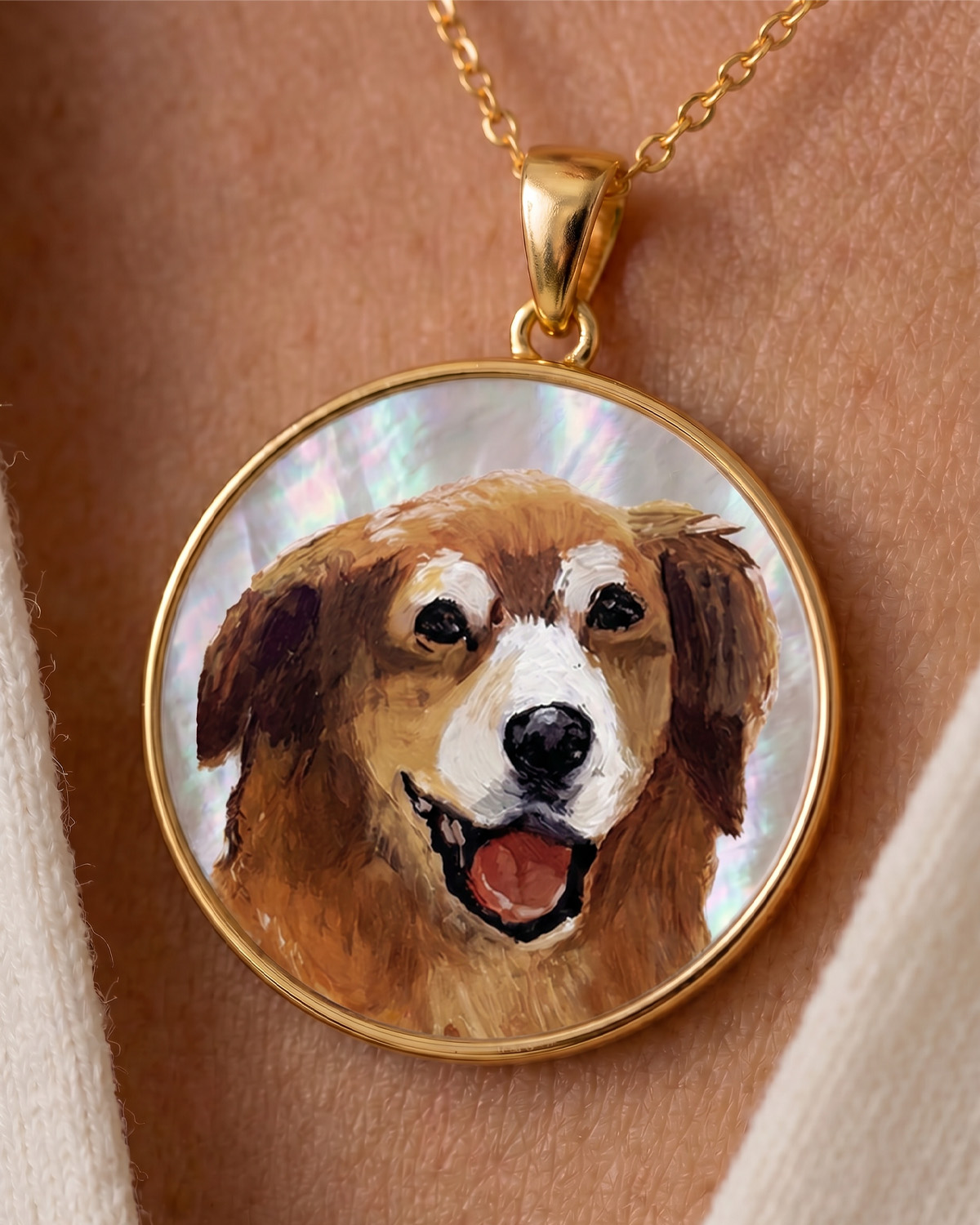 14K Gold Custom Mother of Pearl Round Pendant - Model Image