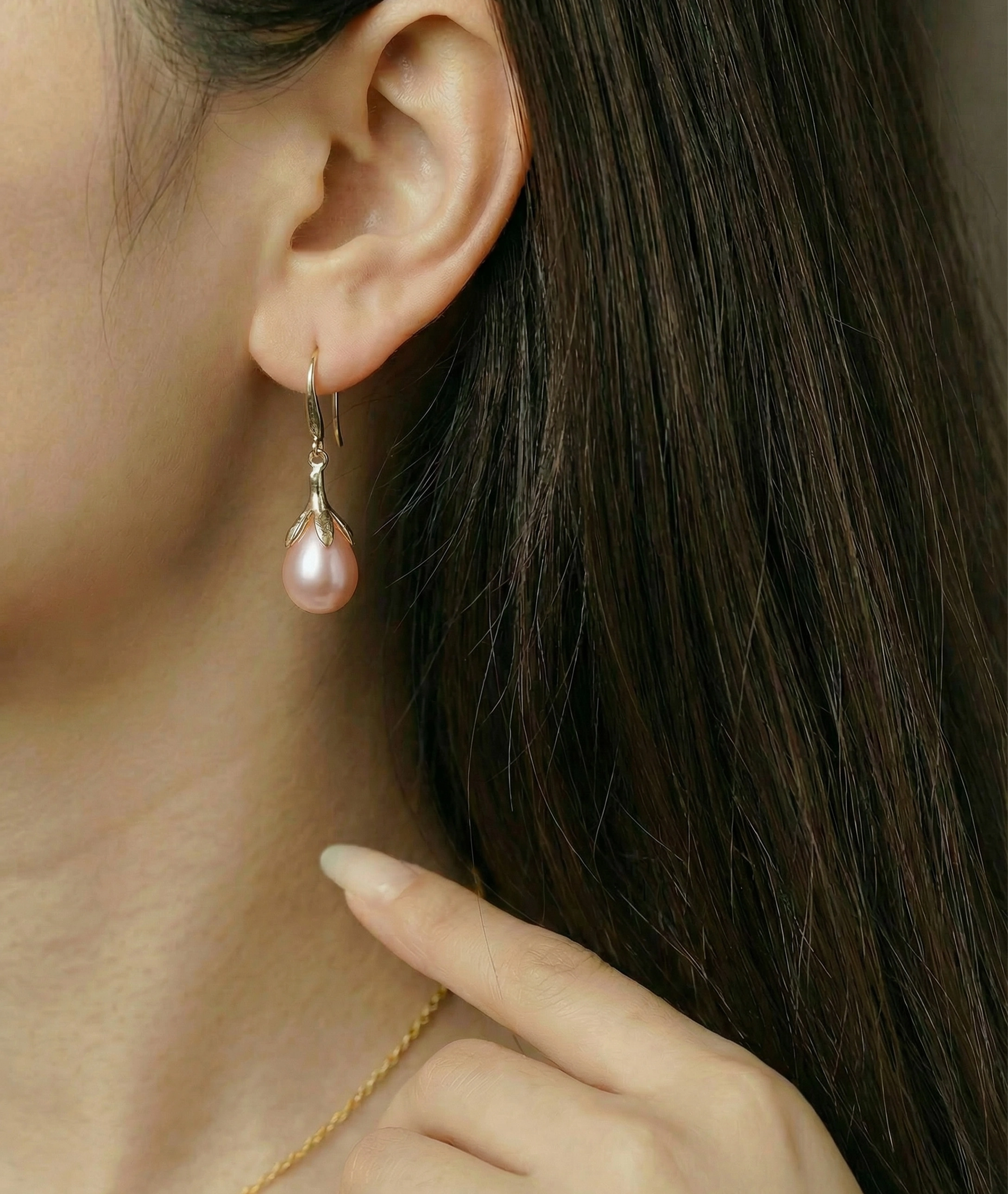 10-11mm Pink Freshwater Pearl Rose Gold Plated Olive Drop Pendant and Earrings Set