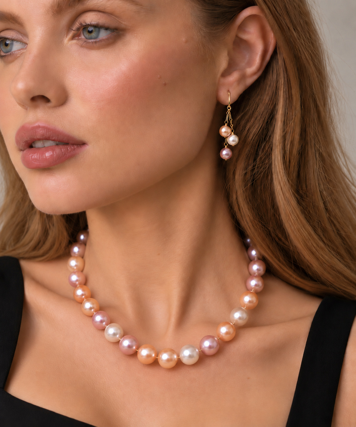 11.5-12.5mm Freshwater Multicolor Pearl Necklace - AAA Quality - Model Image