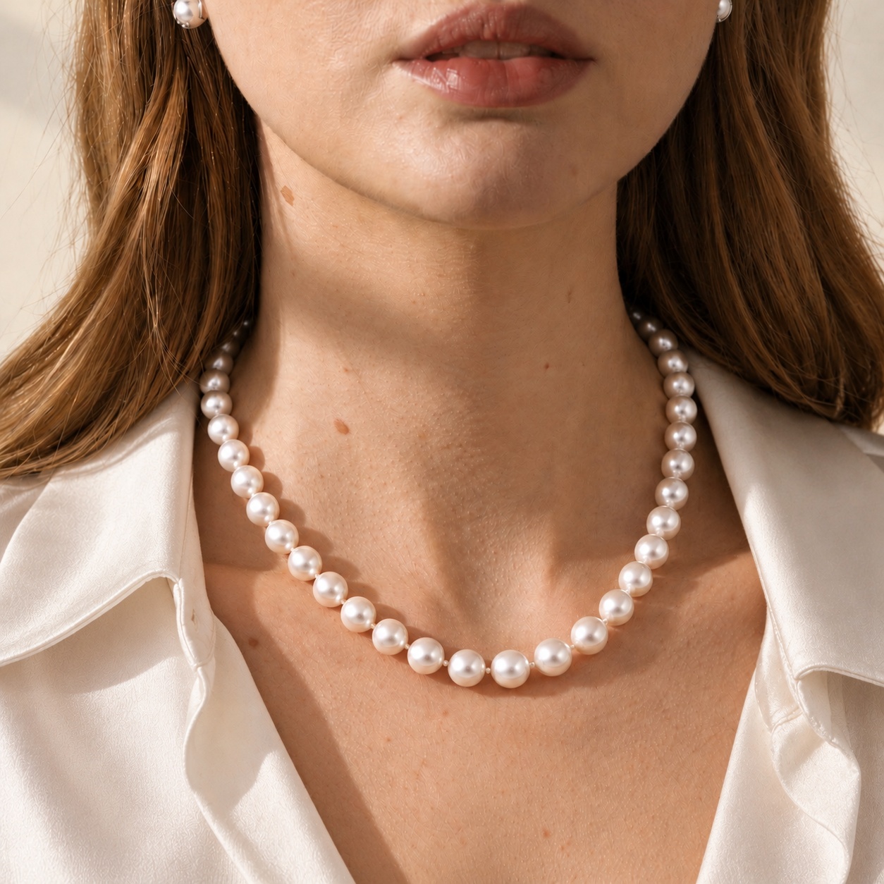 8.5-9.0mm Japanese Akoya White Pearl Necklace - AAA Quality - Model Image