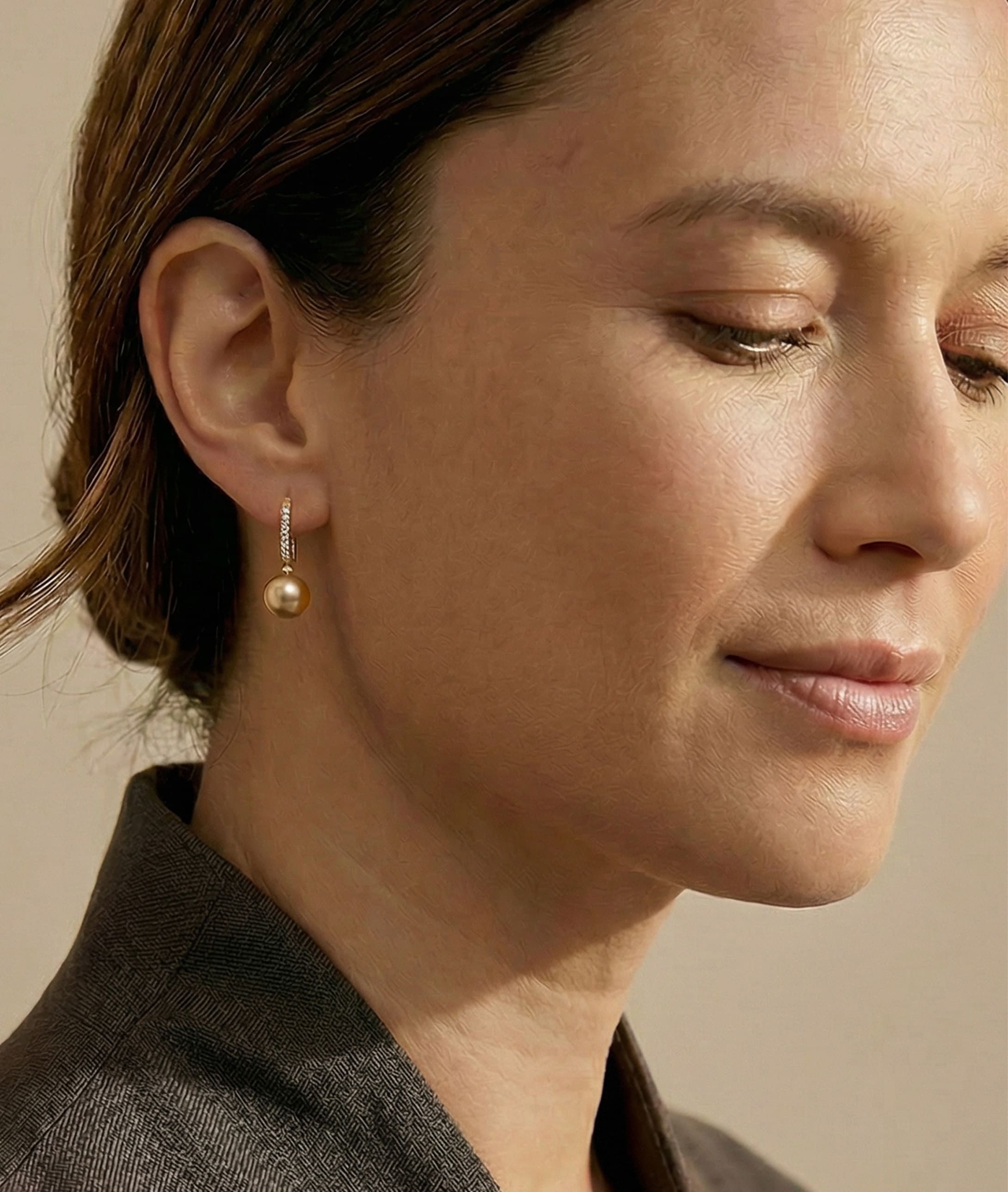 Golden Pearl Dangling Diamond Earrings - Model Image