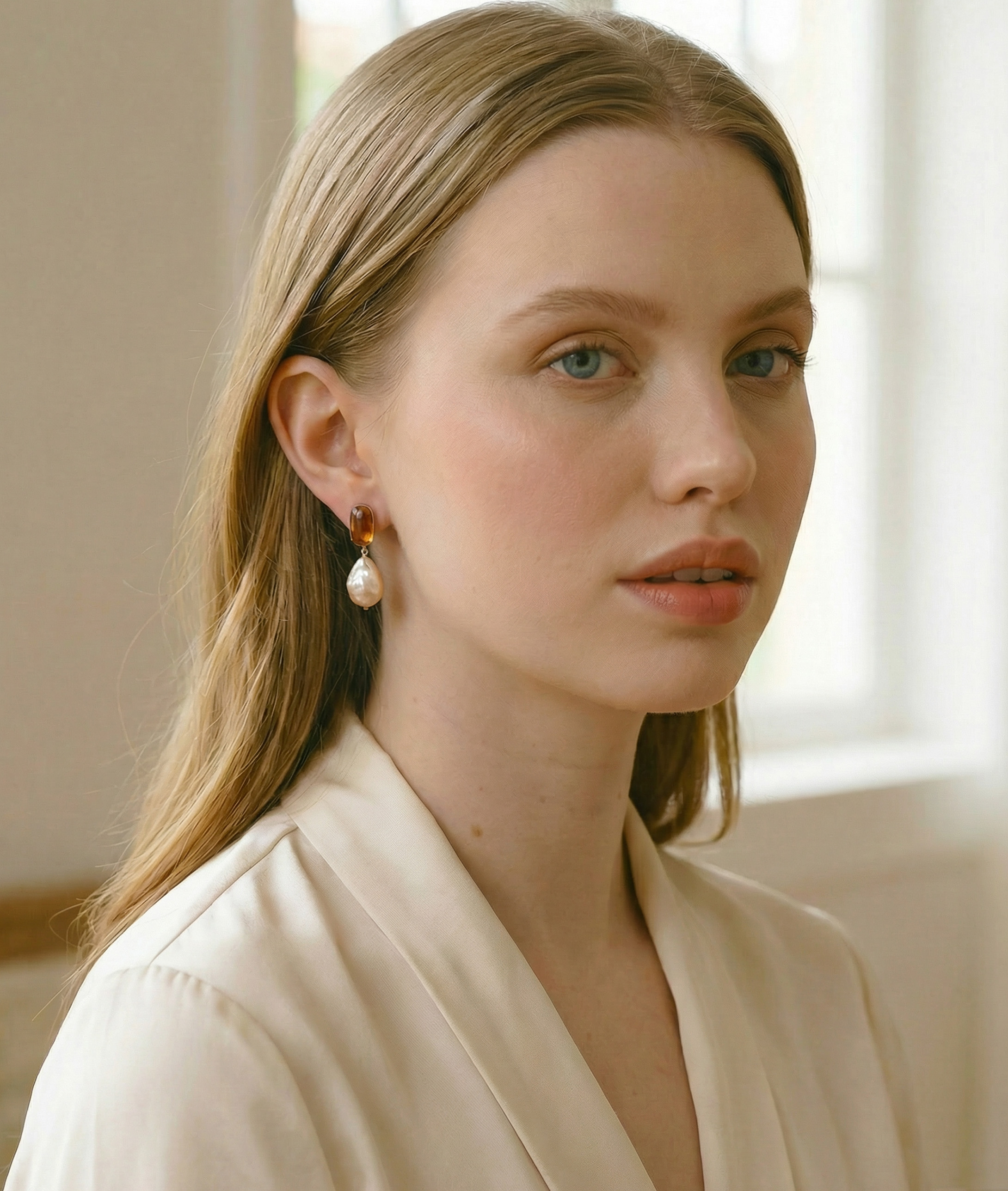 Peach Freshwater Baroque Pearl Katana Earrings - Model Image