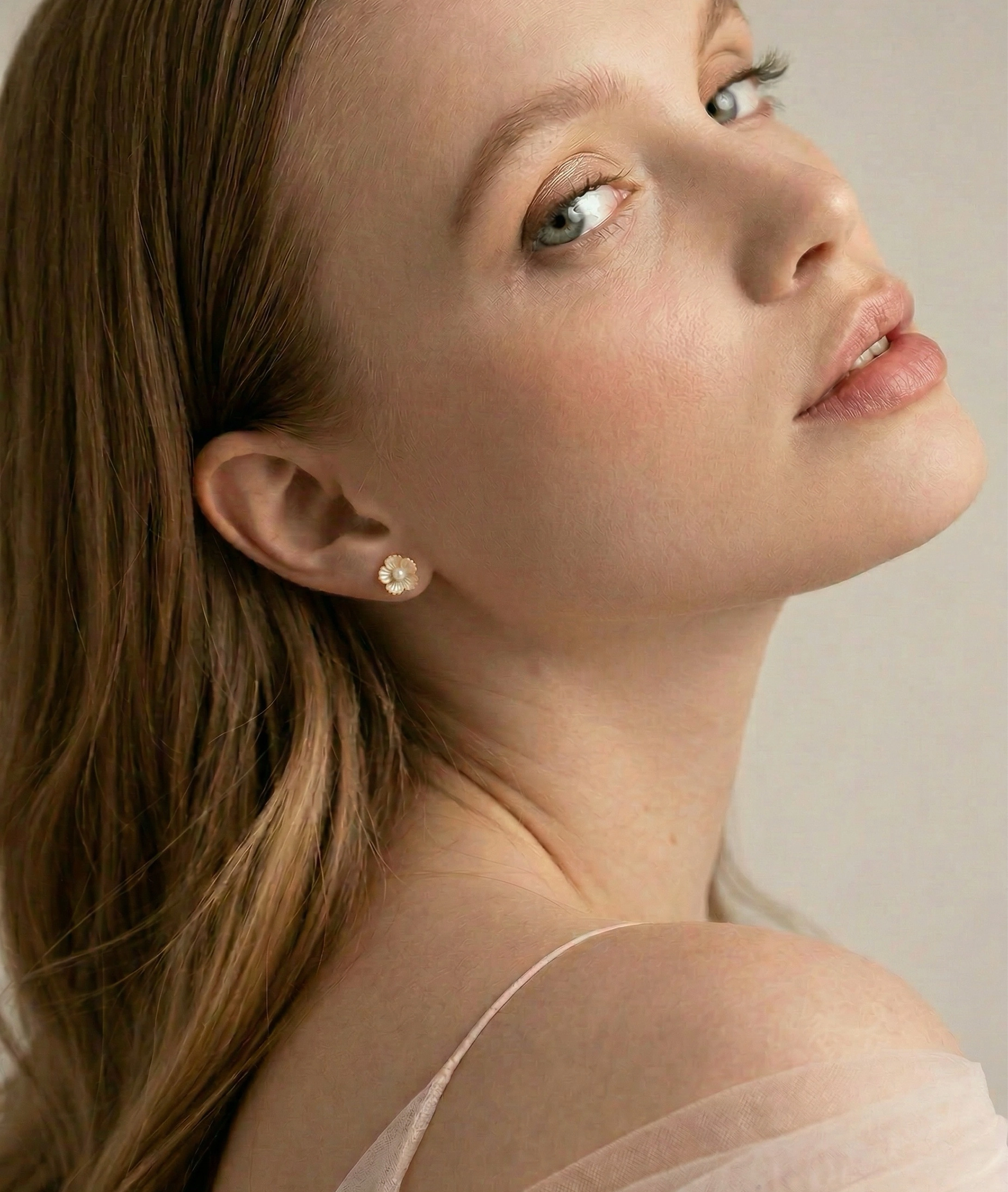 White Freshwater Button-Shape Cultured Pearl on Mother of Pearl Flower Lotus Earrings