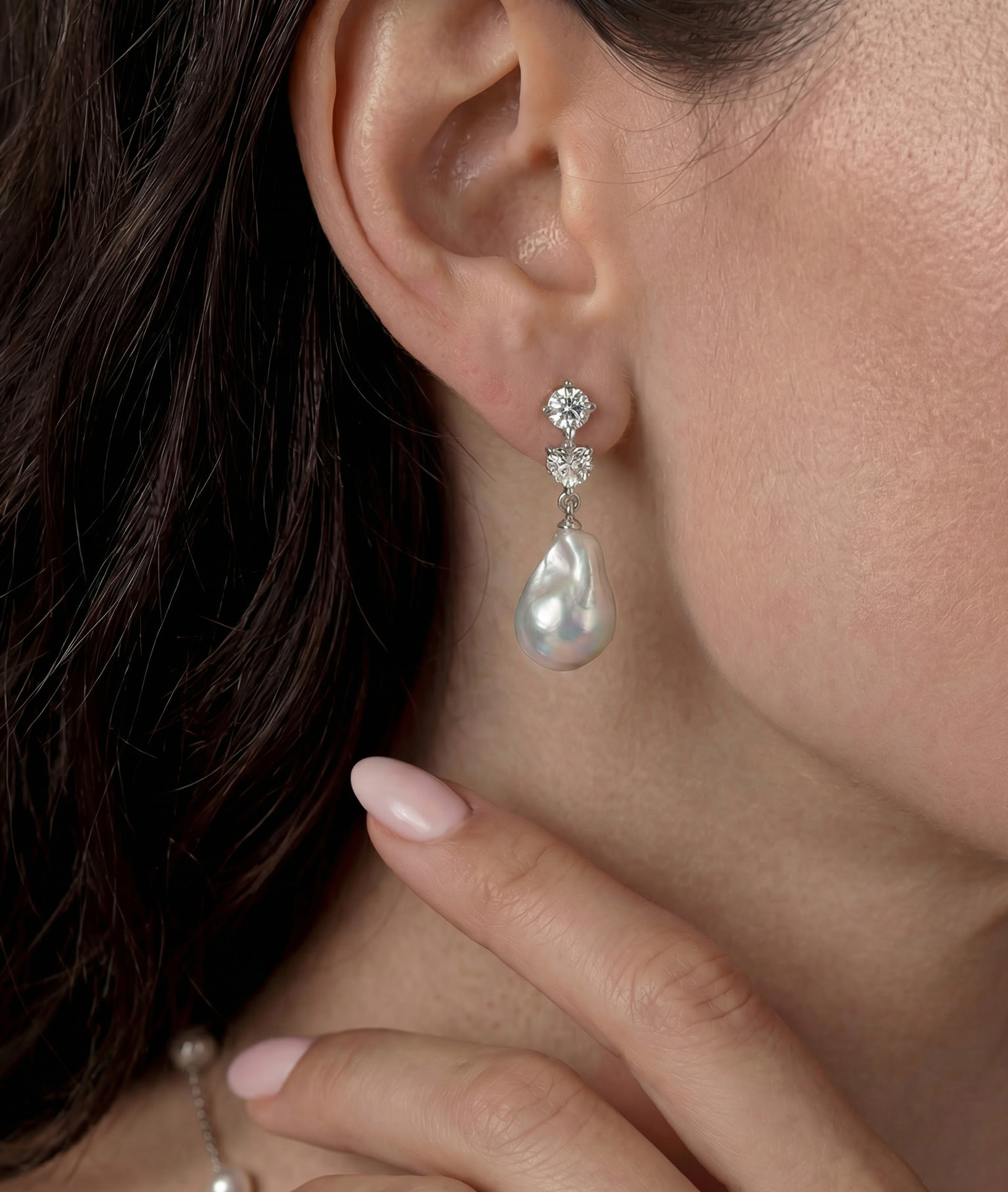 White Freshwater Baroque Pearl Precious Earrings - Secondary Image