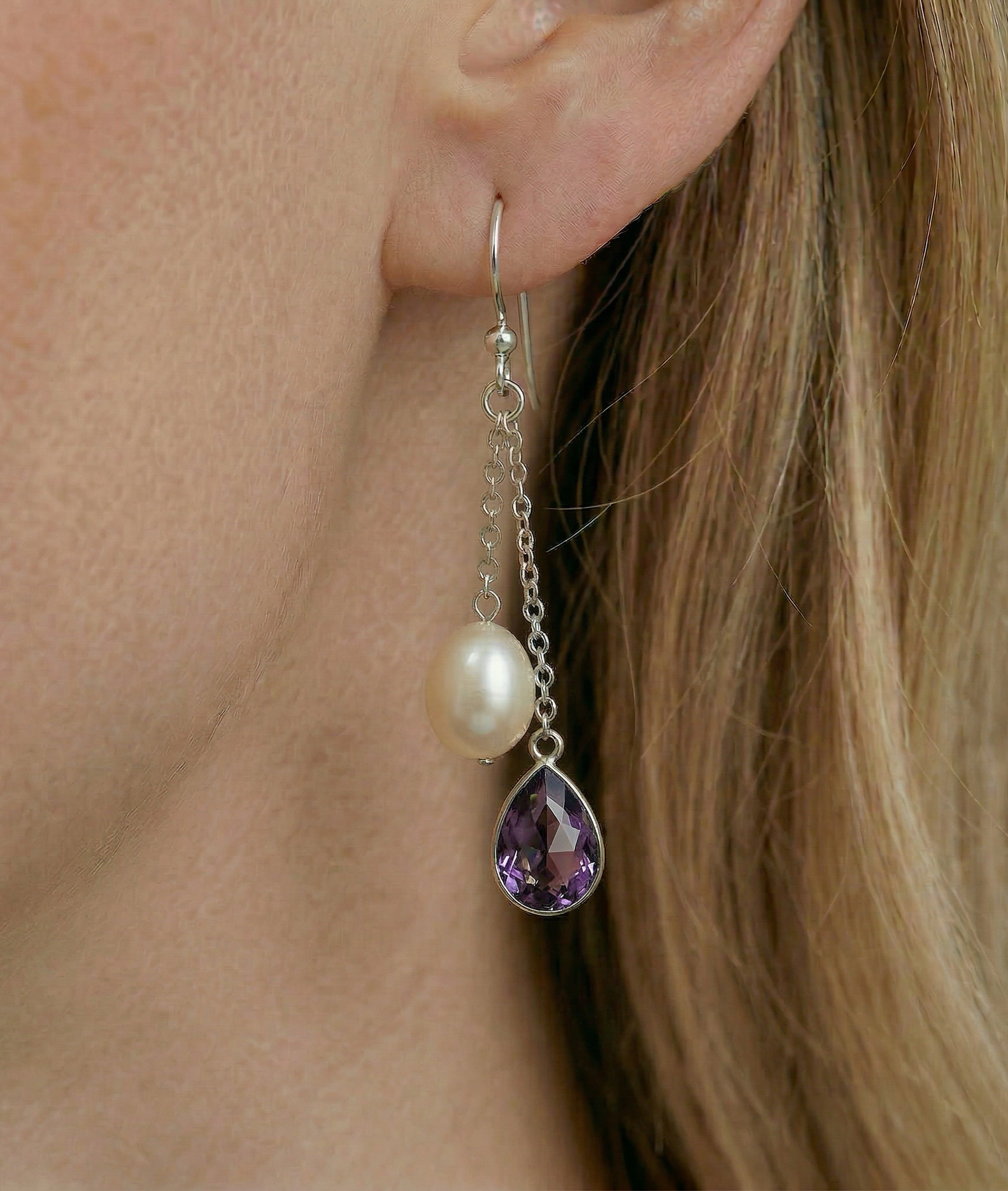 White Freshwater Drop Shape Cultured Pearl & amethyst Earrings