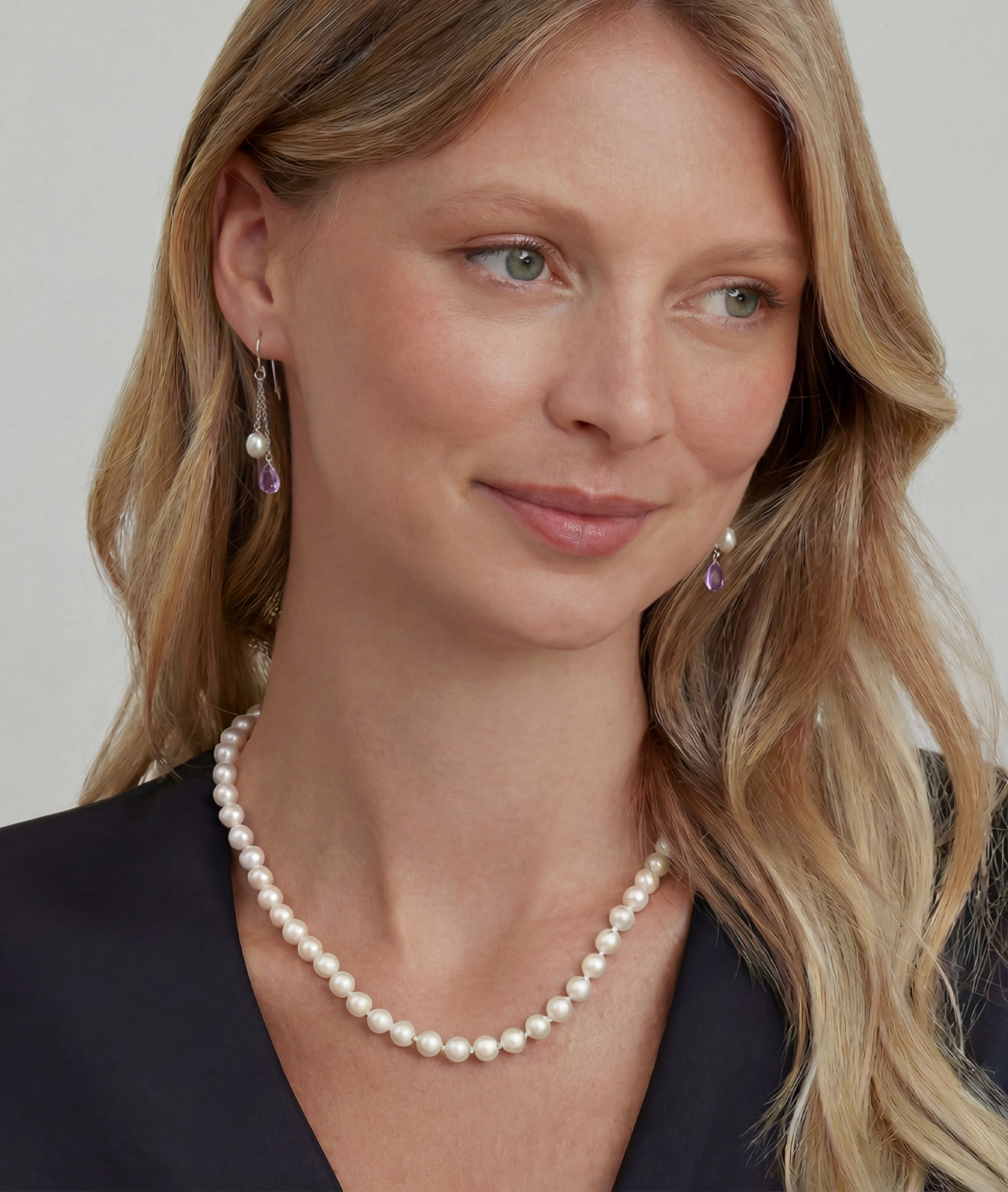 White Freshwater Drop Shape Cultured Pearl & amethyst Earrings