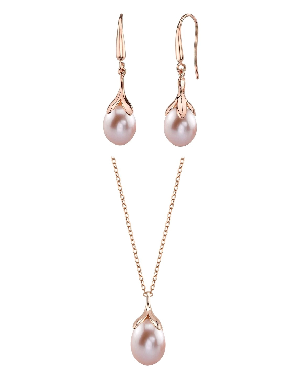 10-11mm Pink Freshwater Pearl Rose Gold Plated Olive Drop Pendant and Earrings Set