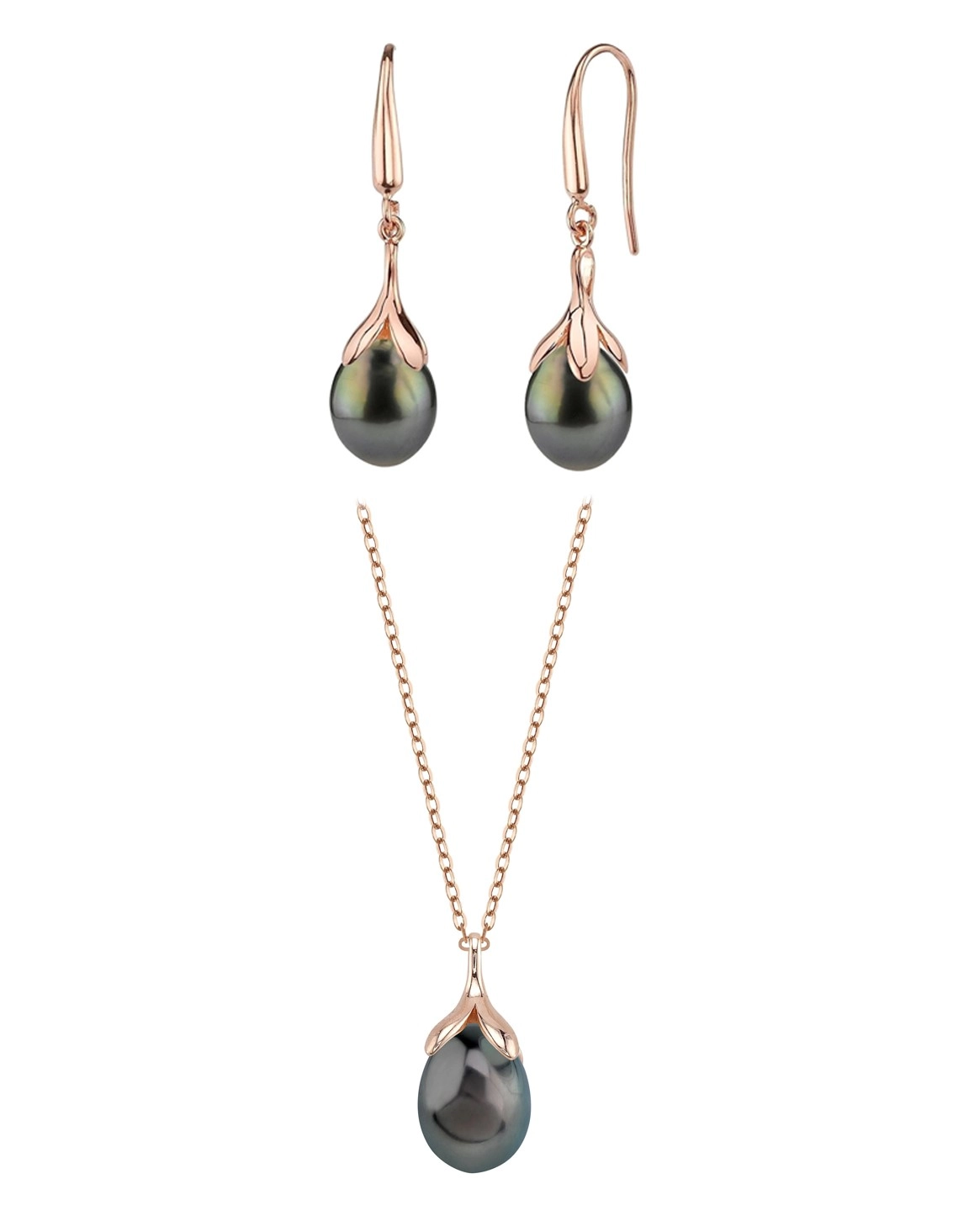 10-11mm Tahitian South Sea Pearl Rose Gold Plated Olive Pendant and Earrings Set