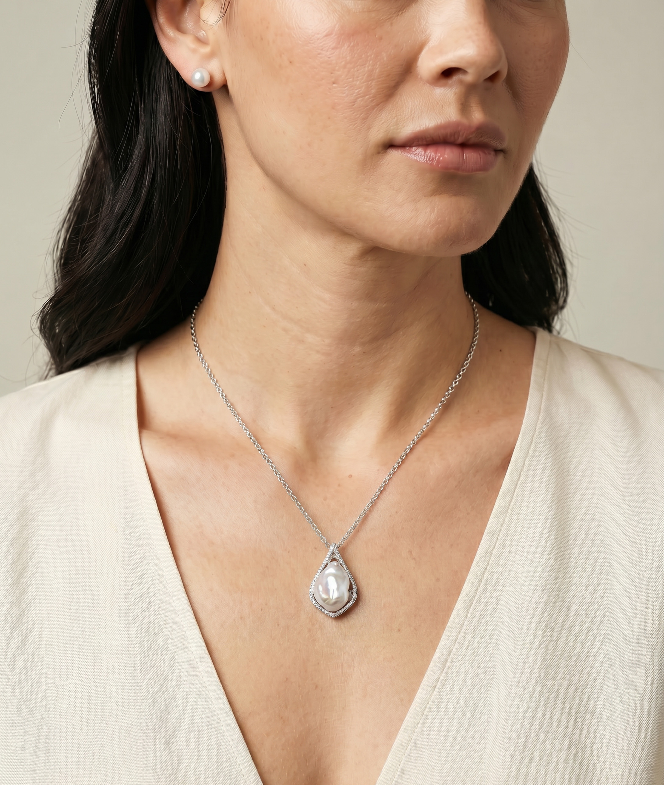 White Freshwater Baroque Coin Pearl Majestic Pendant - Model Image