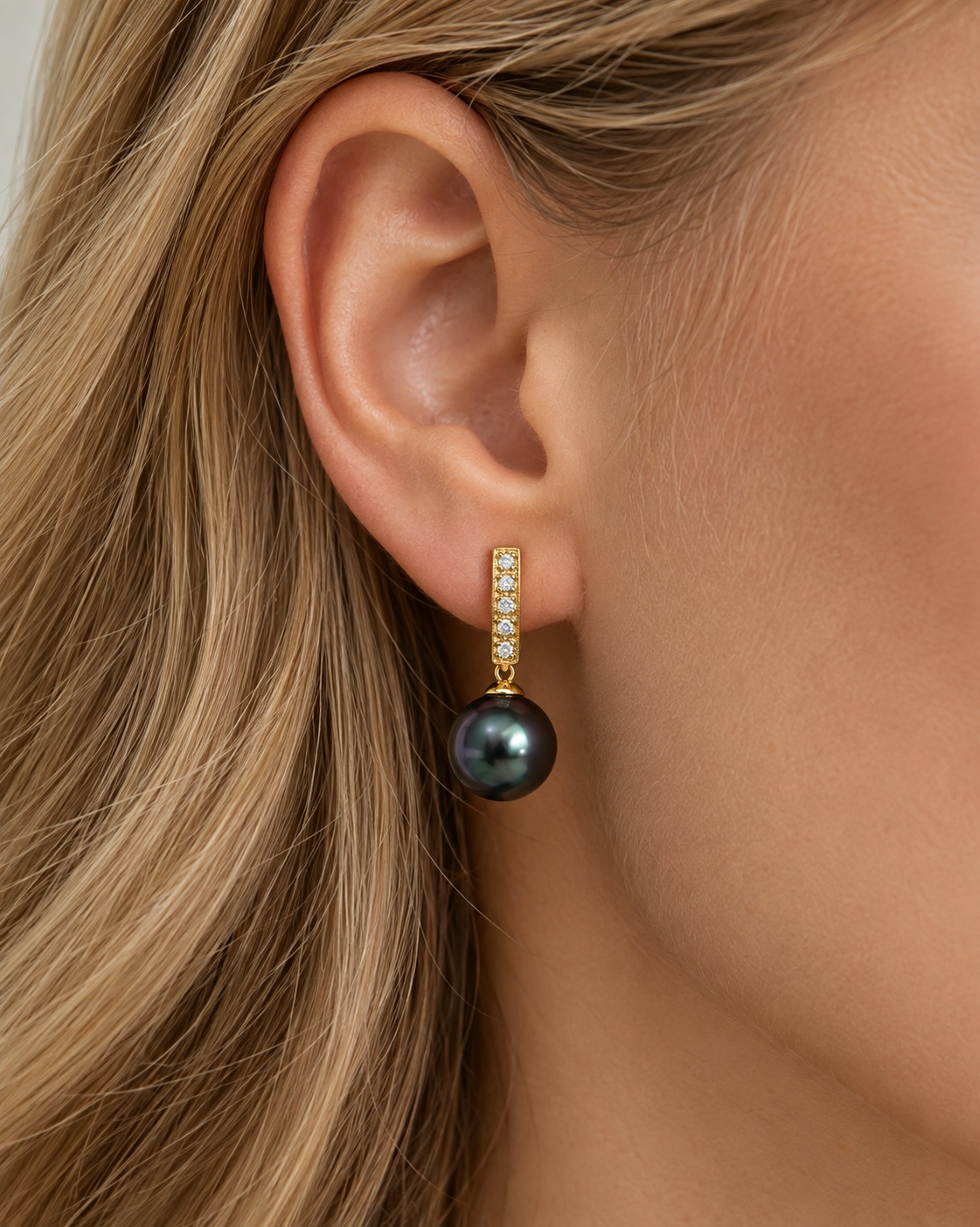 Black Akoya Pearl Dangling Diamond Earrings - Secondary Image