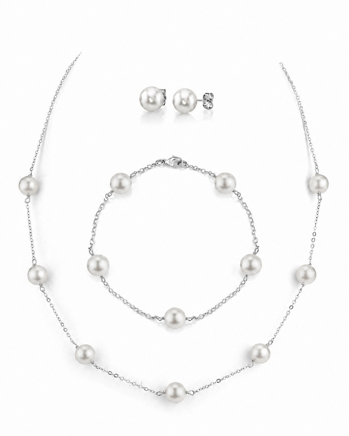 14K Gold Japanese Akoya Pearl Tincup Necklace, Bracelet, Earrings Set