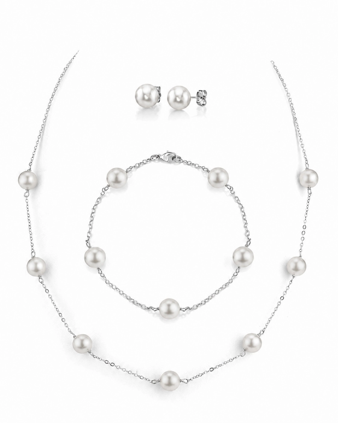 14K Gold Japanese Akoya Pearl Tincup Necklace, Bracelet, Earrings Set