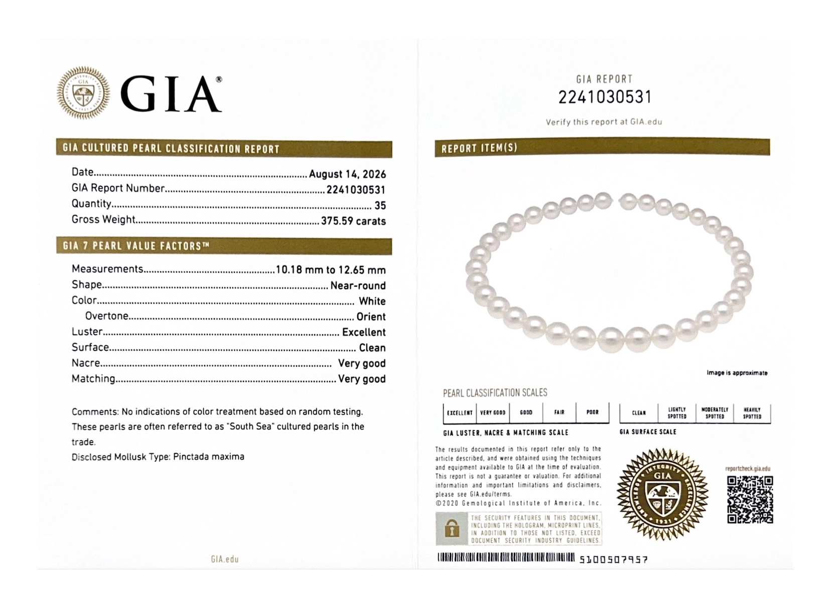 10-12mm White South Sea Round Pearl Necklace AAAA Quality - GIA Certified