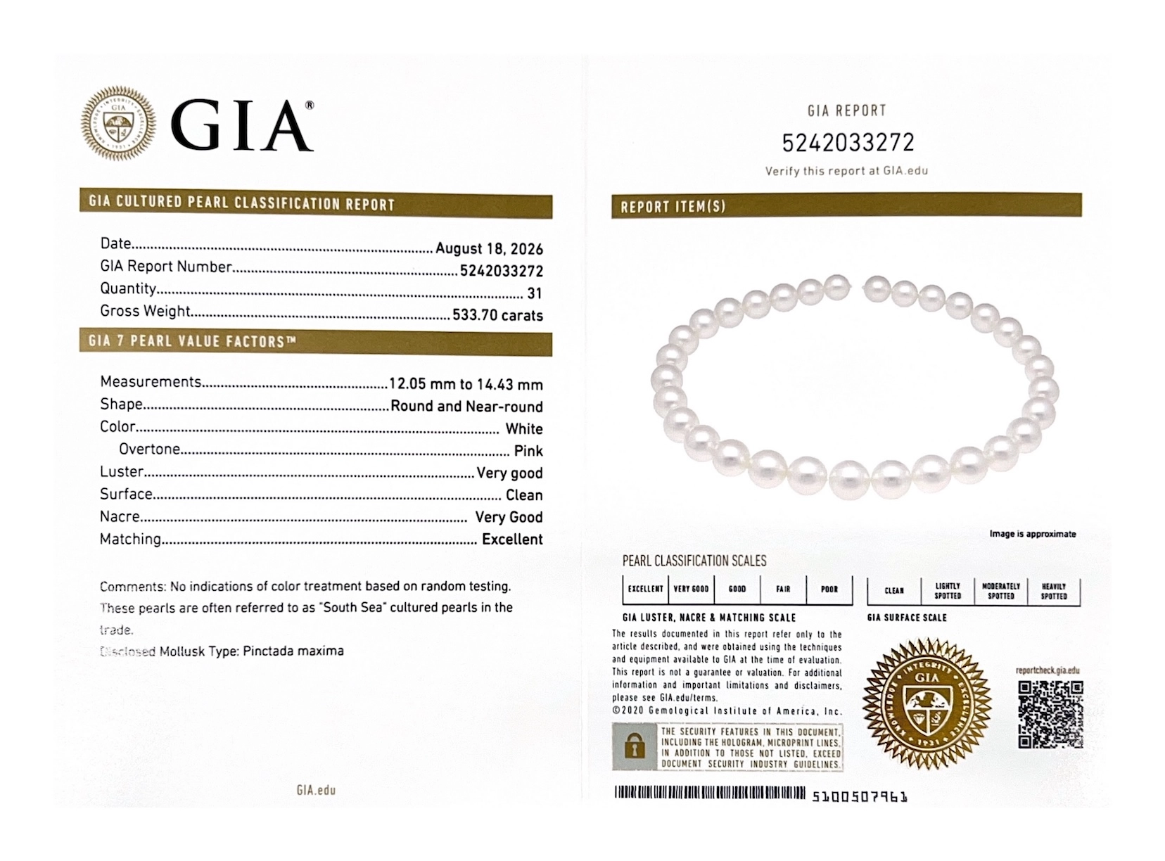 12-14mm White South Sea Round Pearl Necklace AAAA Quality - GIA Certified