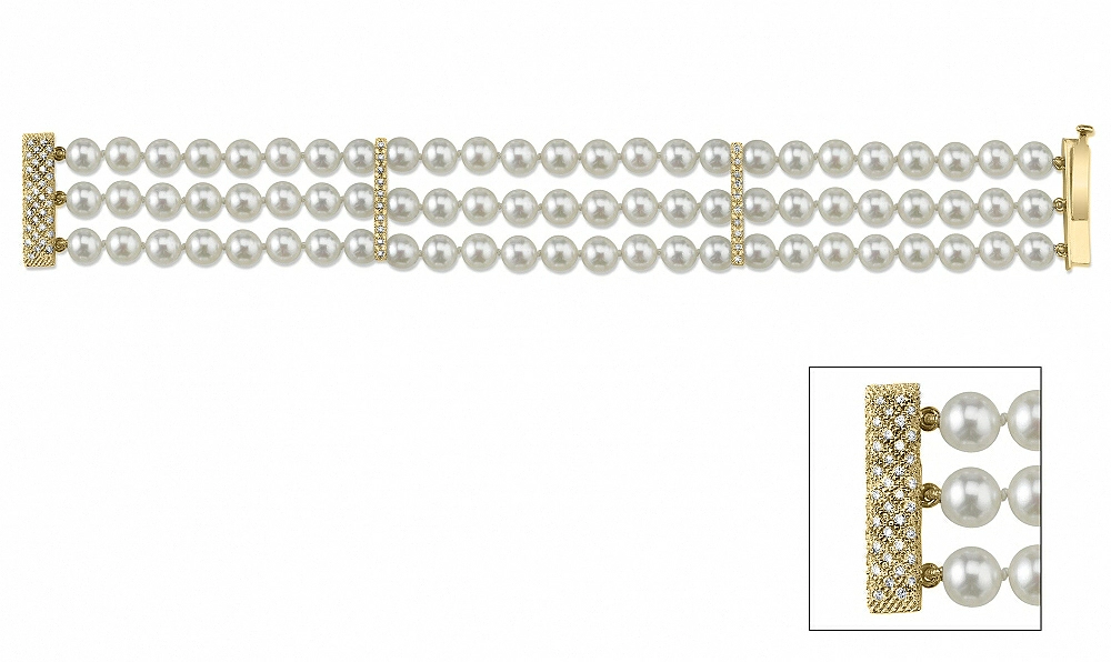Hanadama Akoya Triple Pearl Bracelet with Diamonds