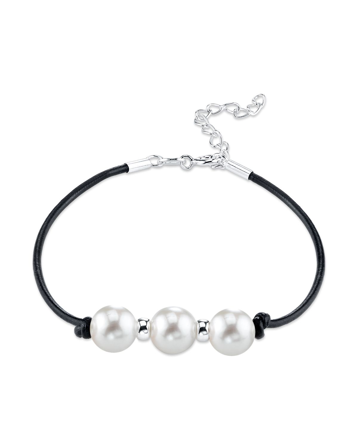 8mm White Freshwater Pearl & Silver Rondelle Leather Bracelet