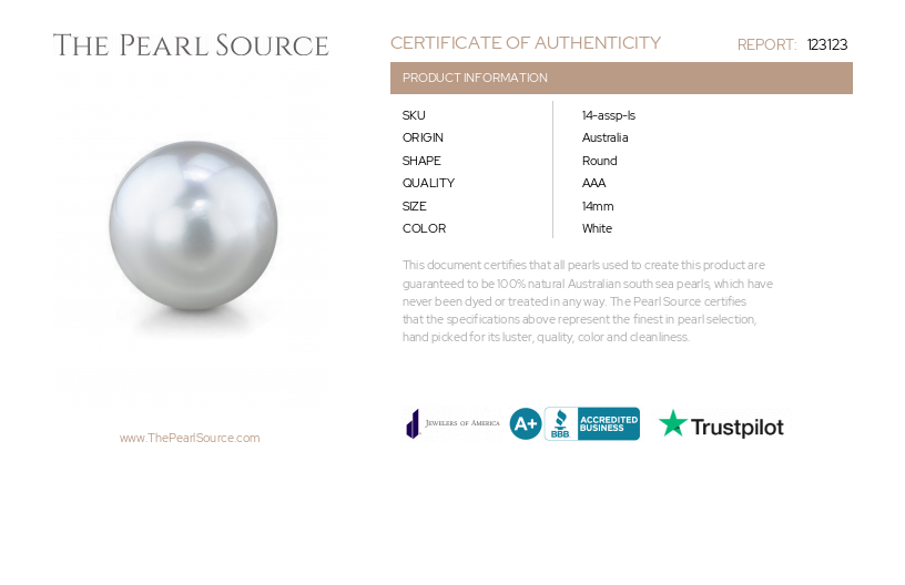 14mm White South Sea Loose Pearl-Certificate
