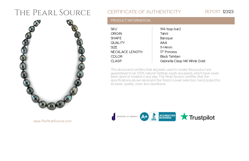 11-13mm Tahitian South Sea Baroque Pearl Necklace-Certificate