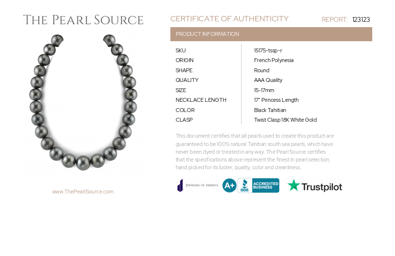15-17mm Black Tahitian South Sea Pearl Necklace-AAA Quality-Certificate