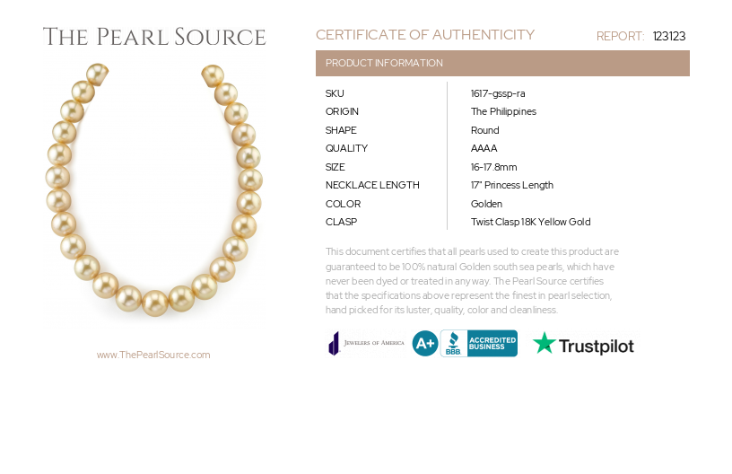 16-17.8mm Golden South Sea Pearl Necklace - AAAA Quality-Certificate