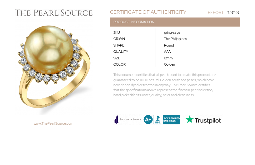 Golden Pearl & Diamond Sage Ring-Certificate