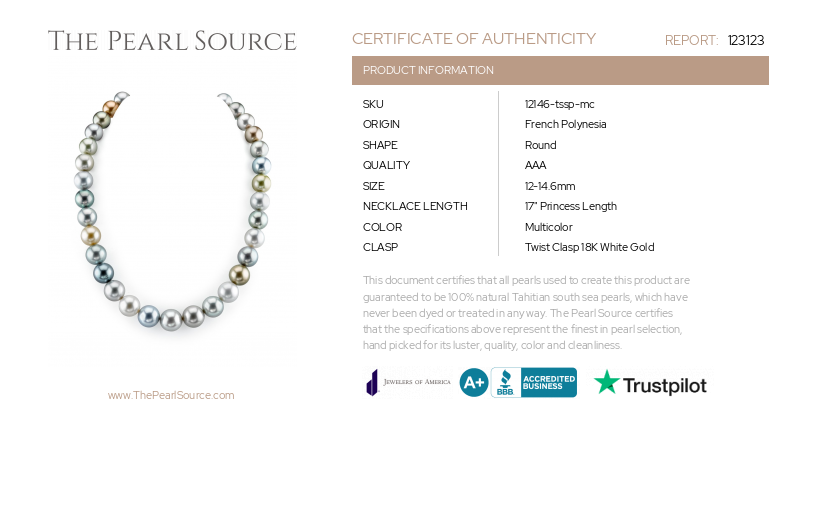 12-14mm Tahitian South Sea Pearl Multicolor Necklace-Certificate