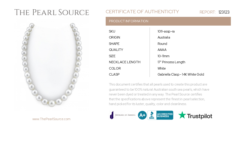 10-11mm White South Sea Pearl Necklace - AAAA Quality-Certificate