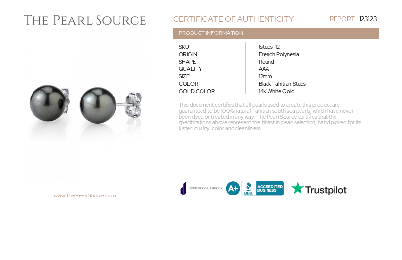 12mm Tahitian South Sea Round Pearl Stud Earrings-Certificate