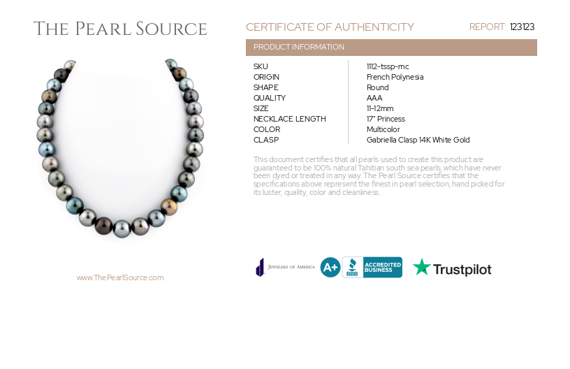 11-12mm Tahitian South Sea Multicolor Pearl Necklace-Certificate