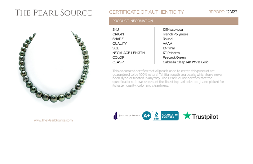 10-11mm Peacock Tahitian South Sea Pearl Necklace - AAAA Quality-Certificate