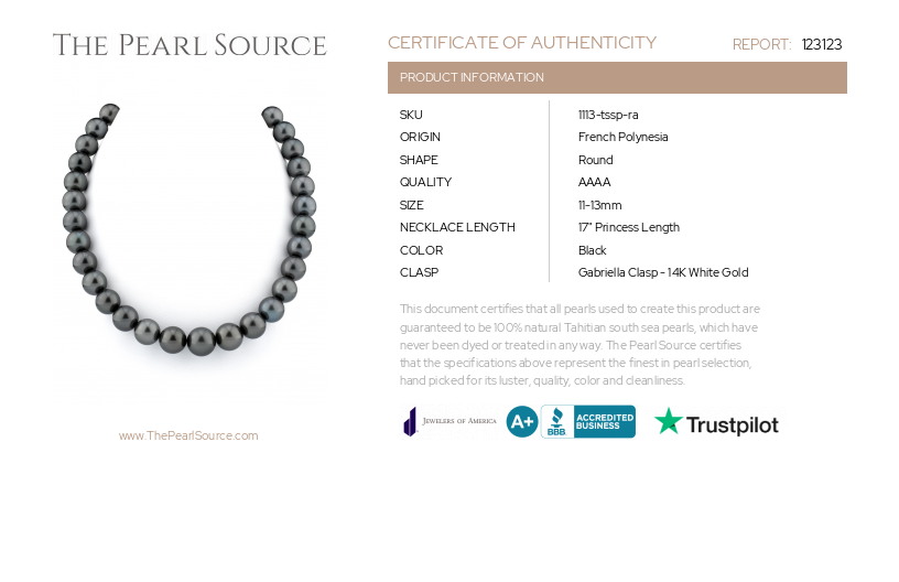 11-13mm Tahitian South Sea Pearl Necklace - AAAA Quality-Certificate