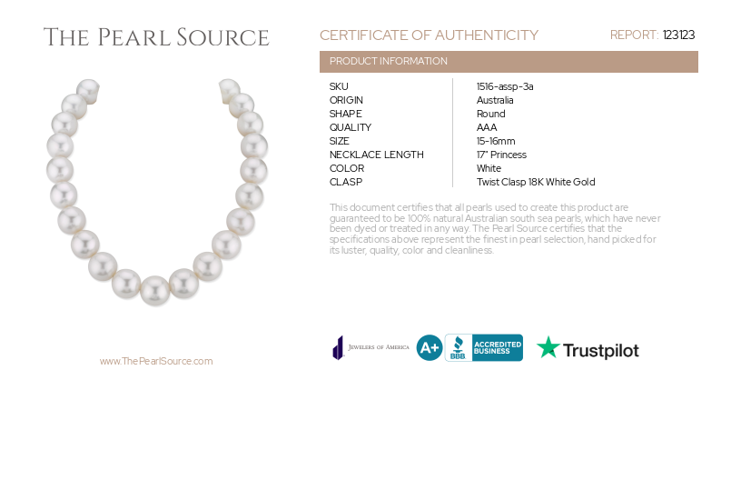 15-16mm White South Sea Pearl Necklace - AAA Quality-Certificate