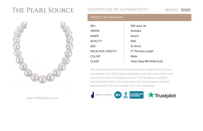 15-16mm White South Sea Pearl Necklace - AAA Quality-Certificate