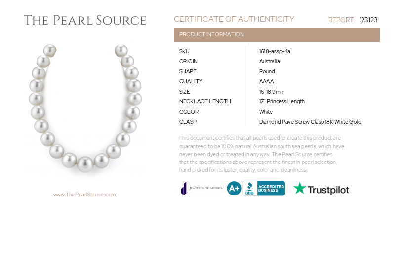 16-18.9mm White South Sea Pearl Necklace- AAAA Quality VENUS CERTIFIED-Certificate