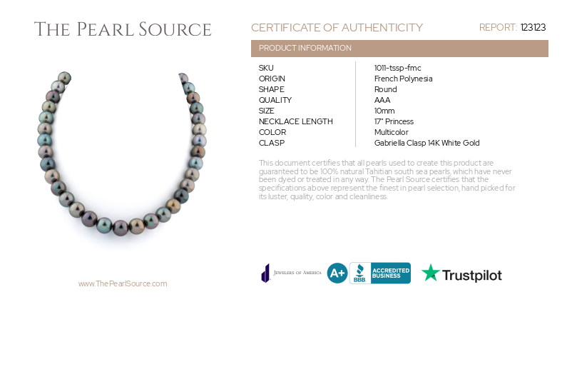 10-11mm Tahitian South Sea Multicolor Pearl Necklace-Certificate