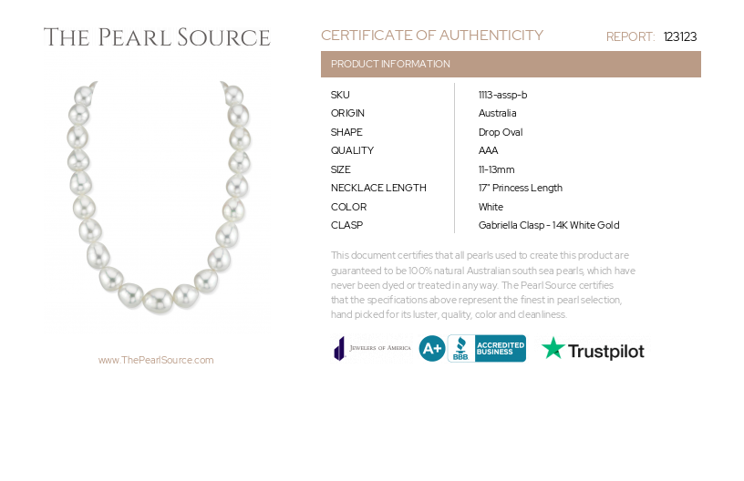 11-13mm White South Sea Drop Oval Pearl Necklace - AAA Quality-Certificate