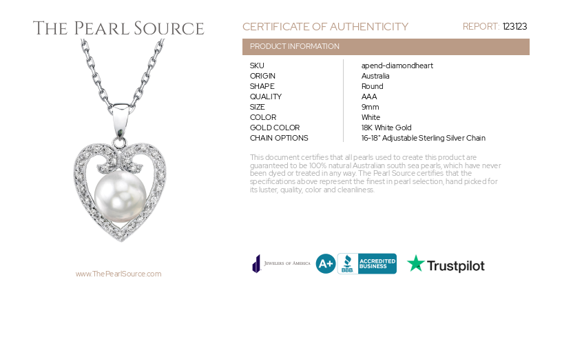 South Sea Pearl & Diamond 9mm Heart Shaped Pendant-Certificate