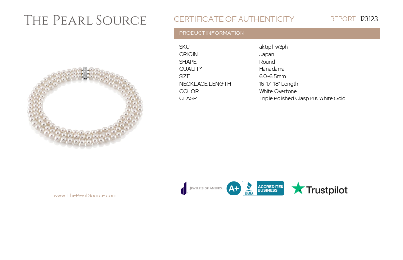 Hanadama Akoya White Pearl Triple Strand Necklace-Certificate