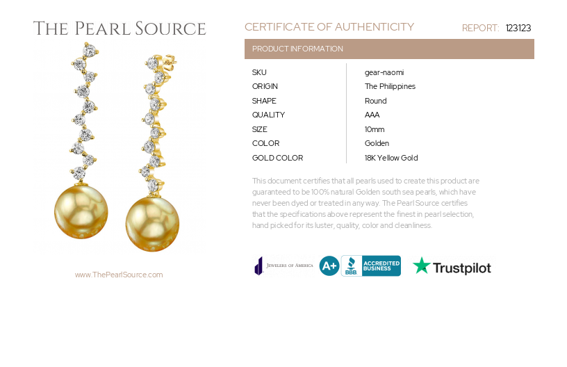 Golden South Sea Pearl & Diamond Naomi Earrings-Certificate