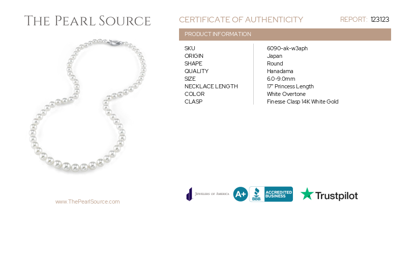 6.0-9.0mm Hanadama Graduated Akoya White Pearl Necklace-Certificate