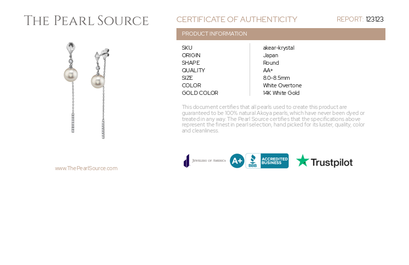 Japanese Akoya Pearl & Diamond Threader Krystal Earrings-Certificate