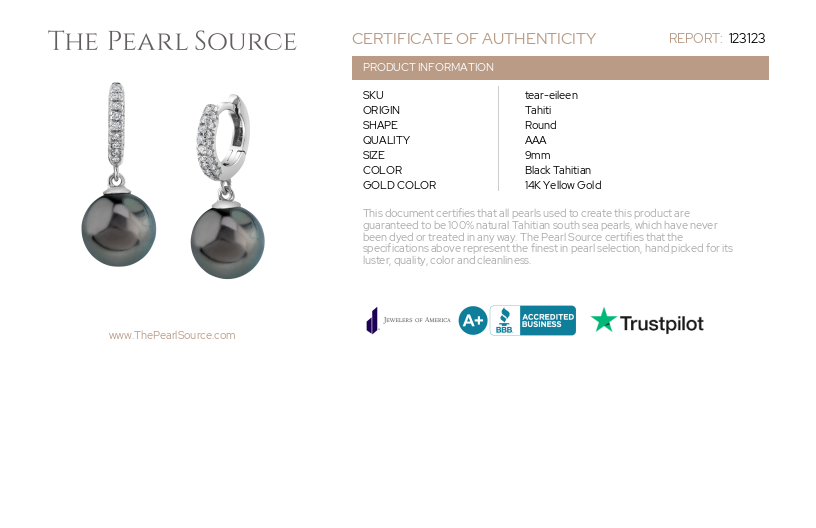 Tahitian South Sea Pearl & Diamond Huggie Eileen Earrings-Certificate