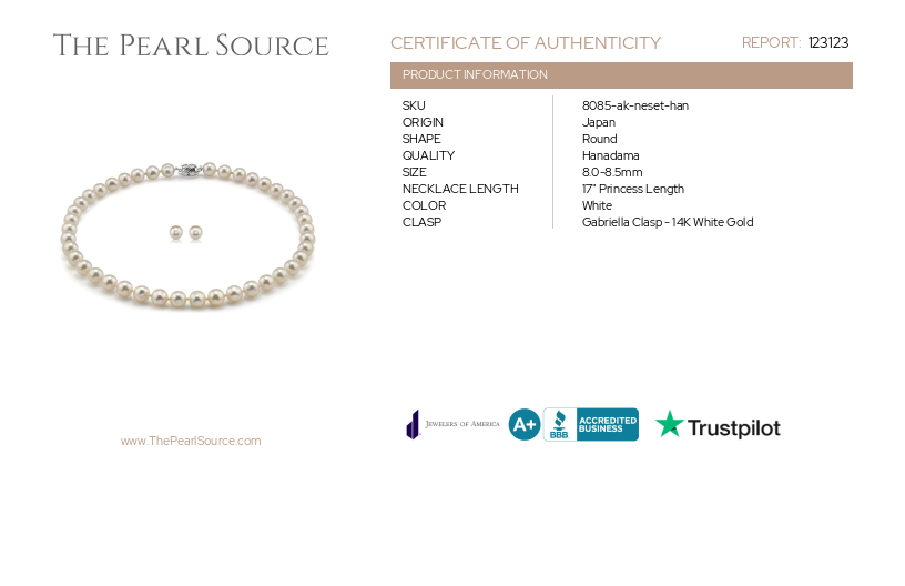 8.0-8.5mm Hanadama Pearl Necklace and Earring Set-Certificate