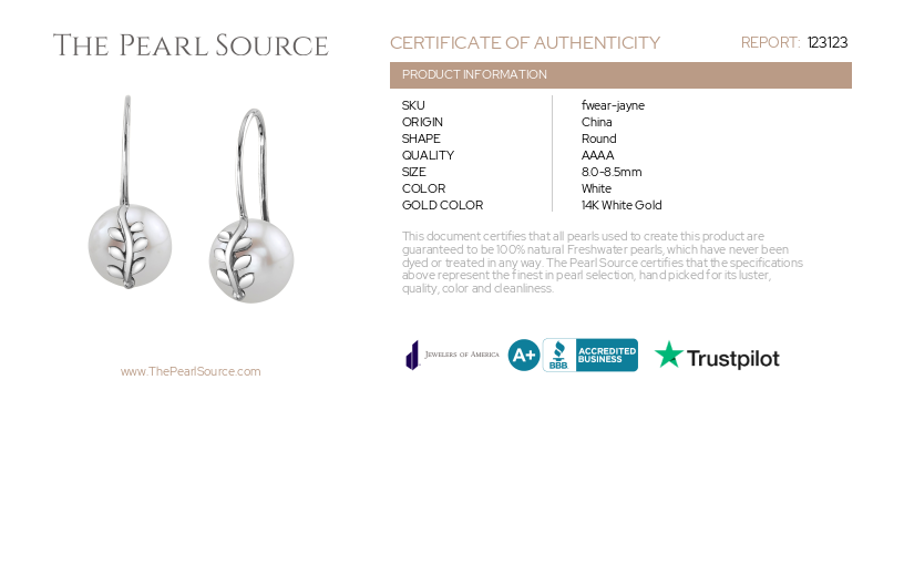 Freshwater Pearl Jayne Leaf Earrings-Certificate