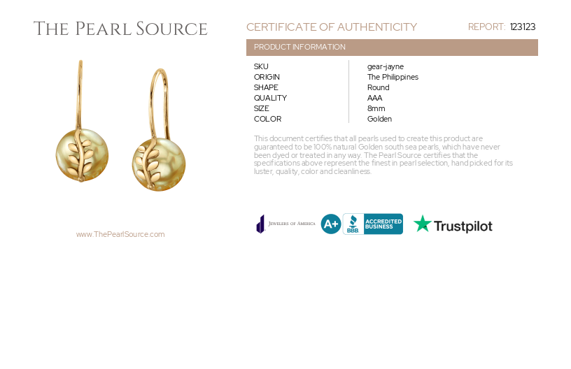 Golden South Sea Pearl Jayne Leaf Earrings-Certificate