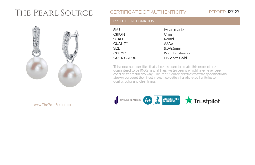 14K Gold White Freshwater Pearl & Diamond Charlie Earrings-Certificate