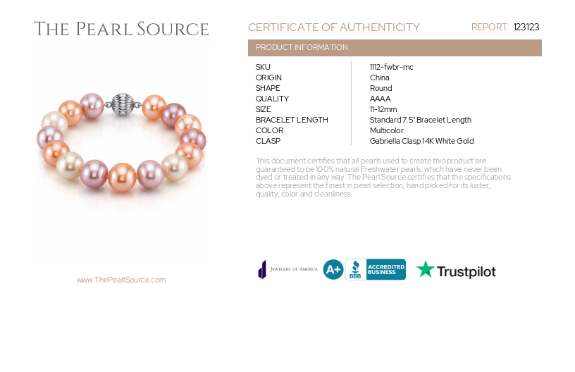 11-12mm Multicolor Freshwater Pearl Bracelet - AAAA Quality-Certificate