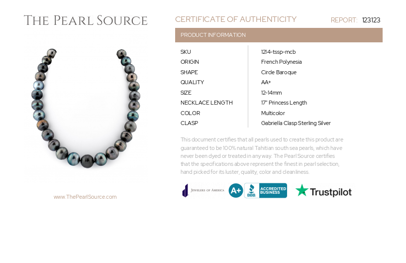 12-14mm Multicolor Tahitian South Sea Pearl Circle Baroque Necklace-Certificate