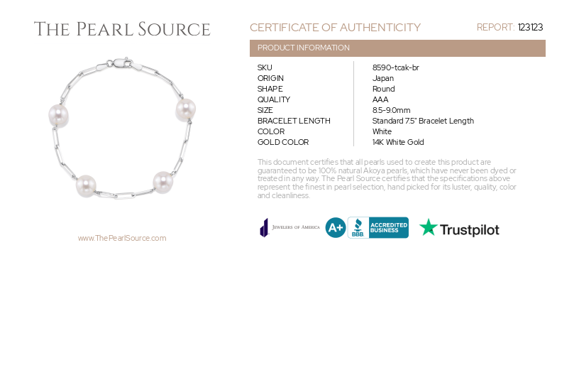 14K Gold Japanese Akoya Pearl & Chain Link Bracelet-Certificate