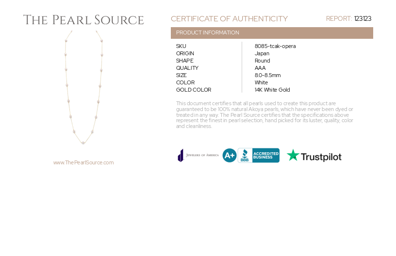 14K Gold 8.0-8.5mm Opera Japanese Akoya Pearl Tincup Necklace-Certificate